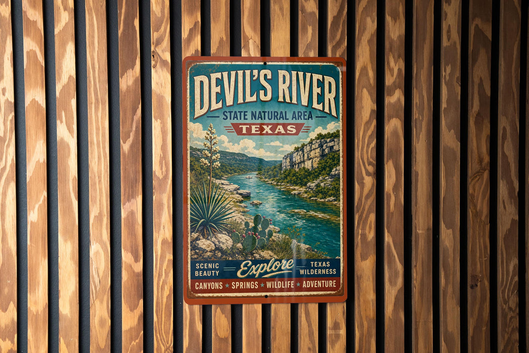 A vintage-style metal sign for Devil's River, a state natural area in Texas, is displayed on a wooden wall.