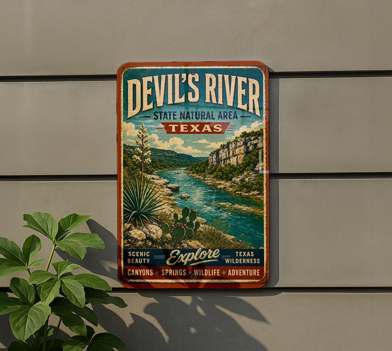 A vintage-style metal sign for Devil's River State Natural Area in Texas, featuring a scenic landscape with a river, mountains, and desert vegetation.
