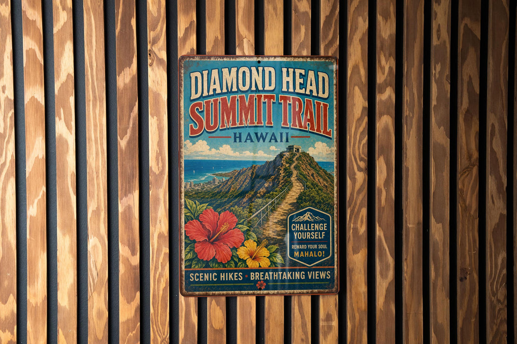 A vintage-style metal sign for the Diamond Head Summit Trail in Hawaii, featuring a scenic mountain landscape with a winding path and colorful flowers.