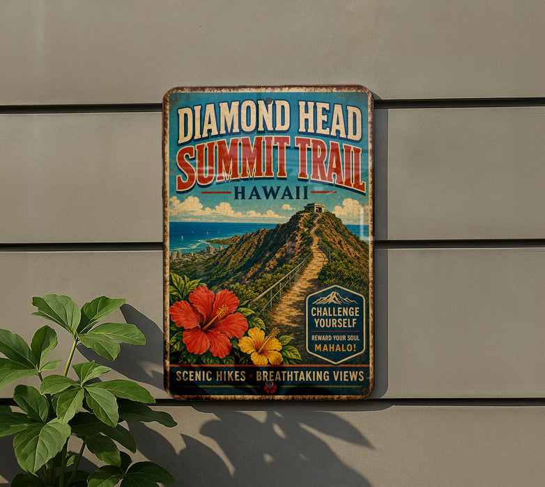 A vintage-style sign for the Diamond Head Summit Trail in Hawaii, featuring a mountain landscape with a trail leading up to a peak.