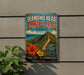 A vintage-style sign for the Diamond Head Summit Trail in Hawaii, featuring a mountain landscape with a trail leading up to a peak.
