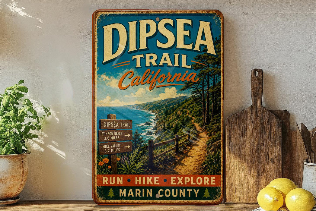 A vintage-style metal sign for the Dipsea Trail in California, featuring a scenic image of a coastal path surrounded by lush greenery.