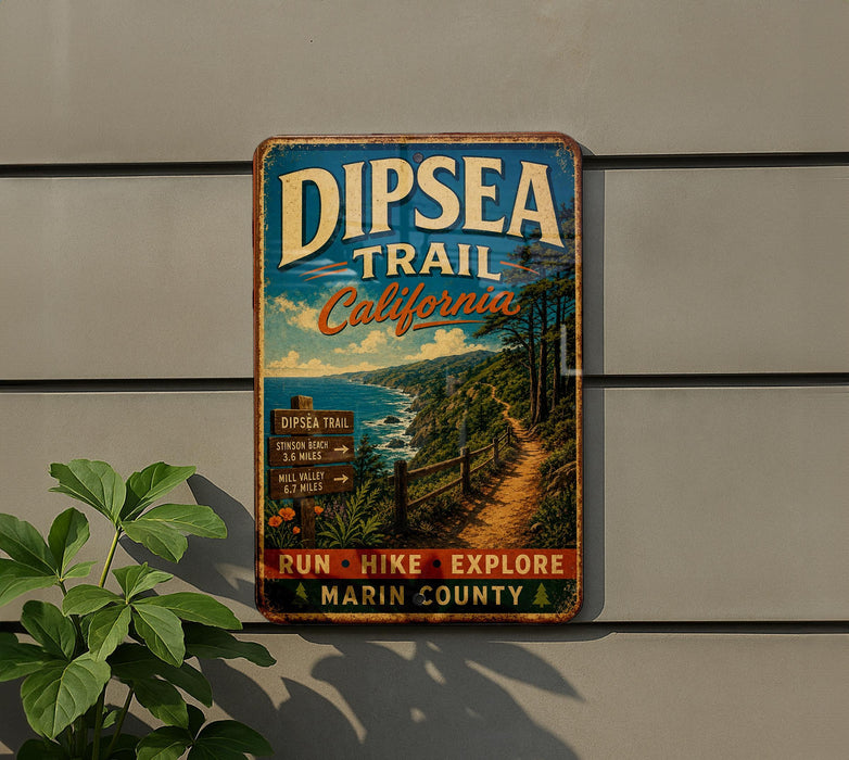A vintage metal sign for the Dipssea Trail in California, featuring a scenic image of a coastal path surrounded by lush greenery.