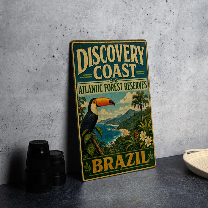 A vintage metal sign advertising the Discovery Coast Atlantic Forest Reserve in Brazil, featuring a colorful illustration of a toucan and tropical foliage.