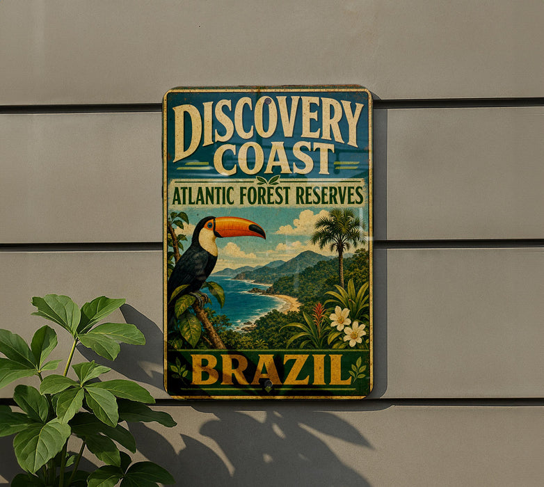 A vintage-style metal sign with a tropical landscape and a toucan, advertising the Discovery Coast Atlantic Forest Reserve in Brazil.