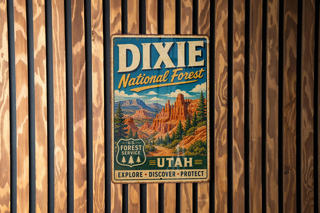 A vintage metal sign for Dixie National Forest in Utah, featuring a scenic mountain landscape and the text "Dixie National Forest" prominently displayed.