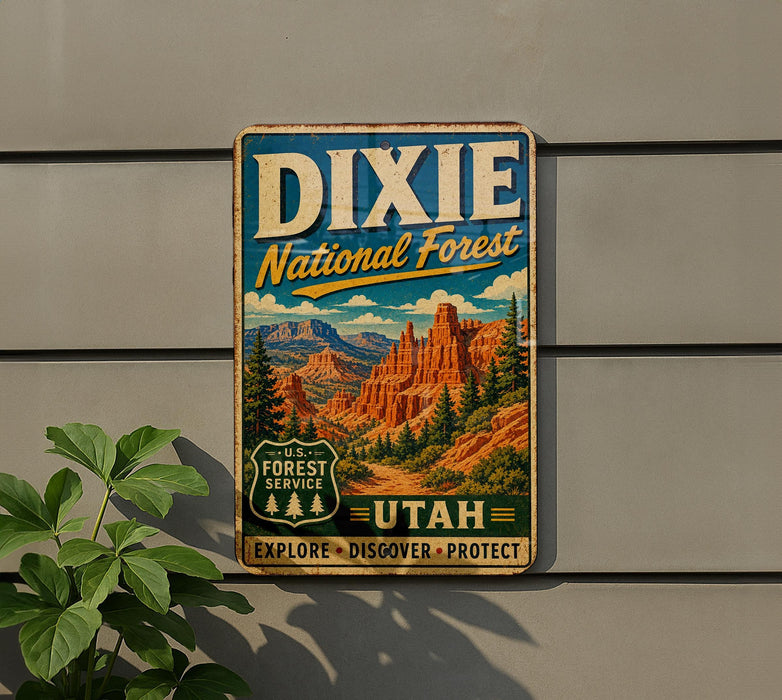 A vintage metal sign for Dixie National Forest in Utah, featuring a scenic mountain landscape with pine trees and a sign that says "UTAH = EXPLORE DISCOVER PROTECT".