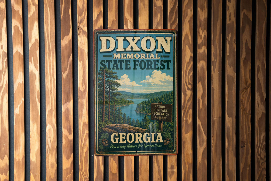 A vintage metal sign for Dixon Memorial State Forest in Georgia, featuring a scenic landscape with pine trees, a lake, and mountains.