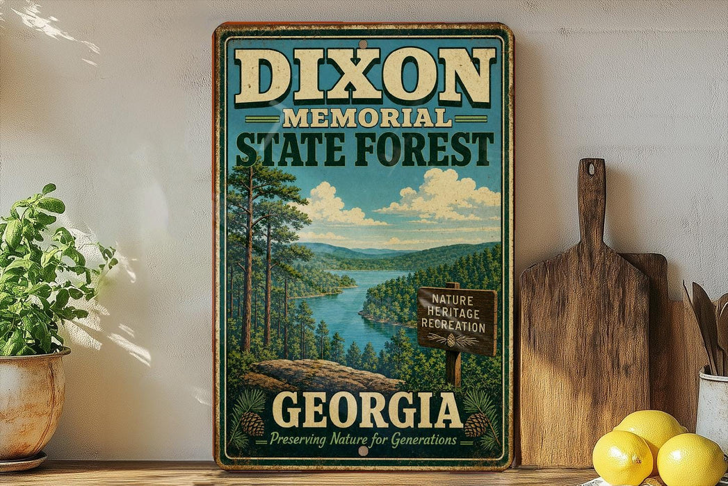 A vintage-style metal sign for the Dixon Memorial State Forest in Georgia, featuring a scenic landscape with pine trees, a lake, and mountains.