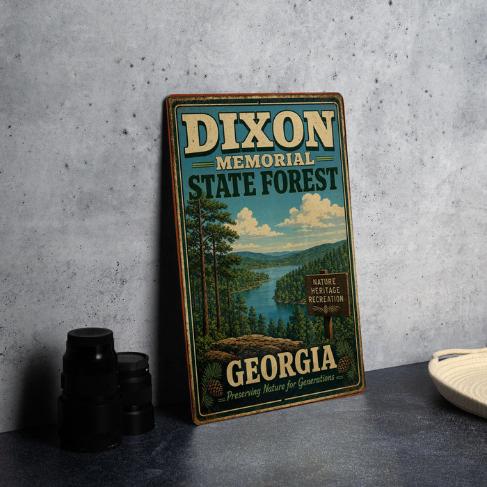 A vintage metal sign for the Dixon Memorial State Forest in Georgia, featuring a scenic illustration of the forest and a lake.