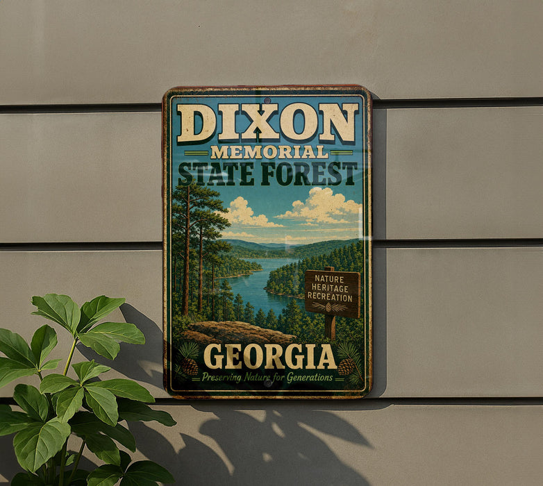 A vintage metal sign for Dixon Memorial State Forest in Georgia, featuring a scenic landscape with pine trees and a lake.