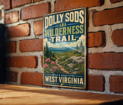 A vintage-style metal sign with the text "Dolly Sods Wilderness Trail" and "Wild & Beautiful West Virginia" is displayed on a brick wall.