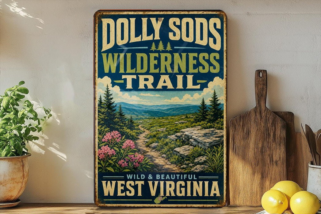 A vintage-style sign for the Dolly Sods Wilderness Trail in West Virginia, featuring a scenic mountain landscape with pine trees and wildflowers.