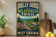 A vintage-style sign for the Dolly Sods Wilderness Trail in West Virginia, featuring a scenic mountain landscape with pine trees and wildflowers.