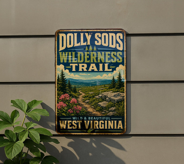 A vintage-style metal sign with the text "Dolly Sods Wilderness Trail" and "Wild & Beautiful West Virginia" is displayed on a wall, with a plant to the left.