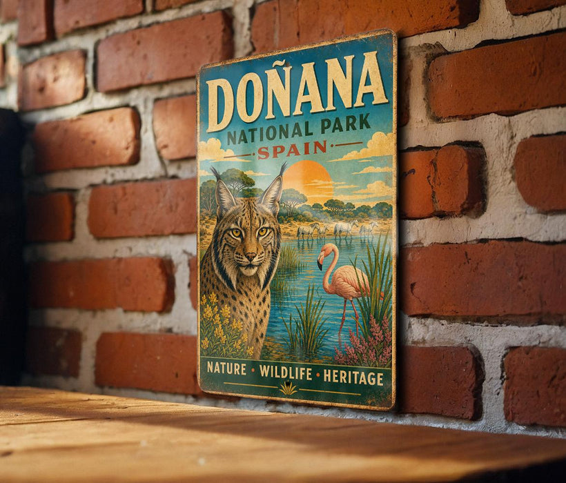 a vintage-style sign for Donana National Park in Spain, depicting a cat and a flamingo in a natural setting.