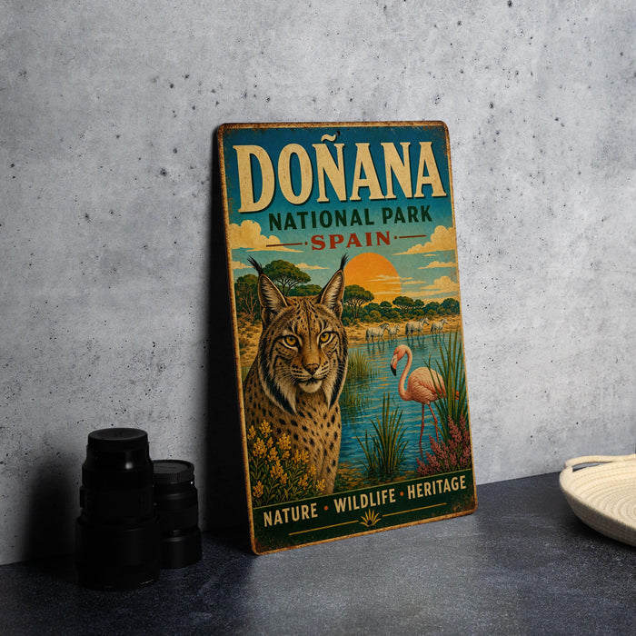 A vintage-style sign for Donana National Park in Spain, featuring an illustration of a cat, flamingo, and other wildlife in a natural setting.