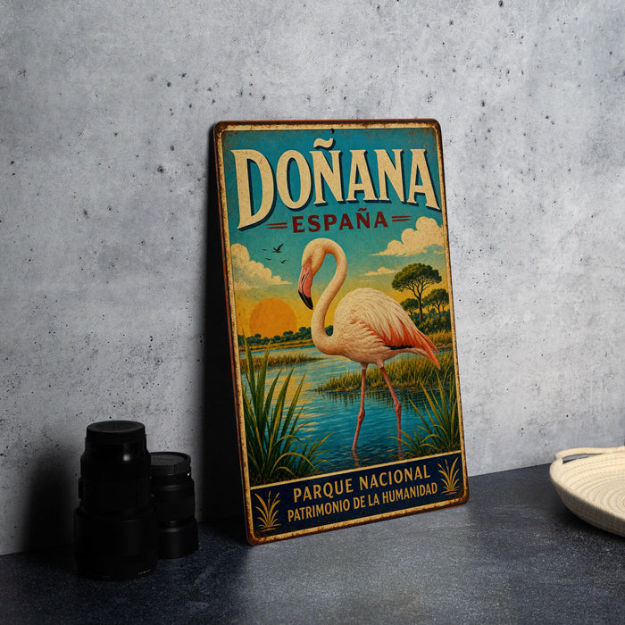 A vintage-style metal sign with a pink flamingo and a tropical landscape, featuring the text "DONANA ESPAÑA" and "PARQUE NACIONAL PATRIMONIO DE LA HUMANIDAD".