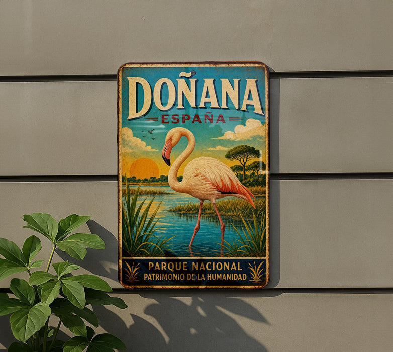 a vintage metal sign with a pink flamingo and a scenic background, mounted on a wall.