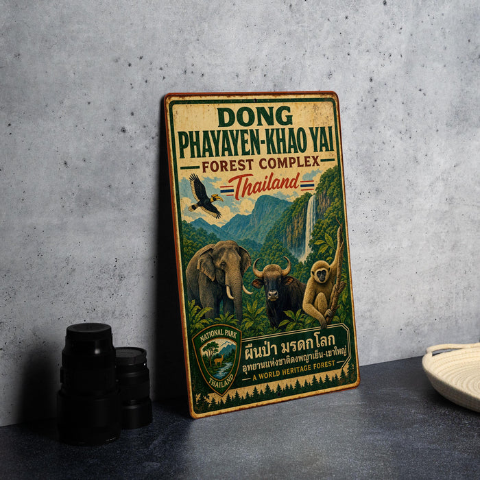A vintage-style metal sign with text and illustrations of wildlife, including elephants, a bird, and a monkey, is displayed on a gray wall.