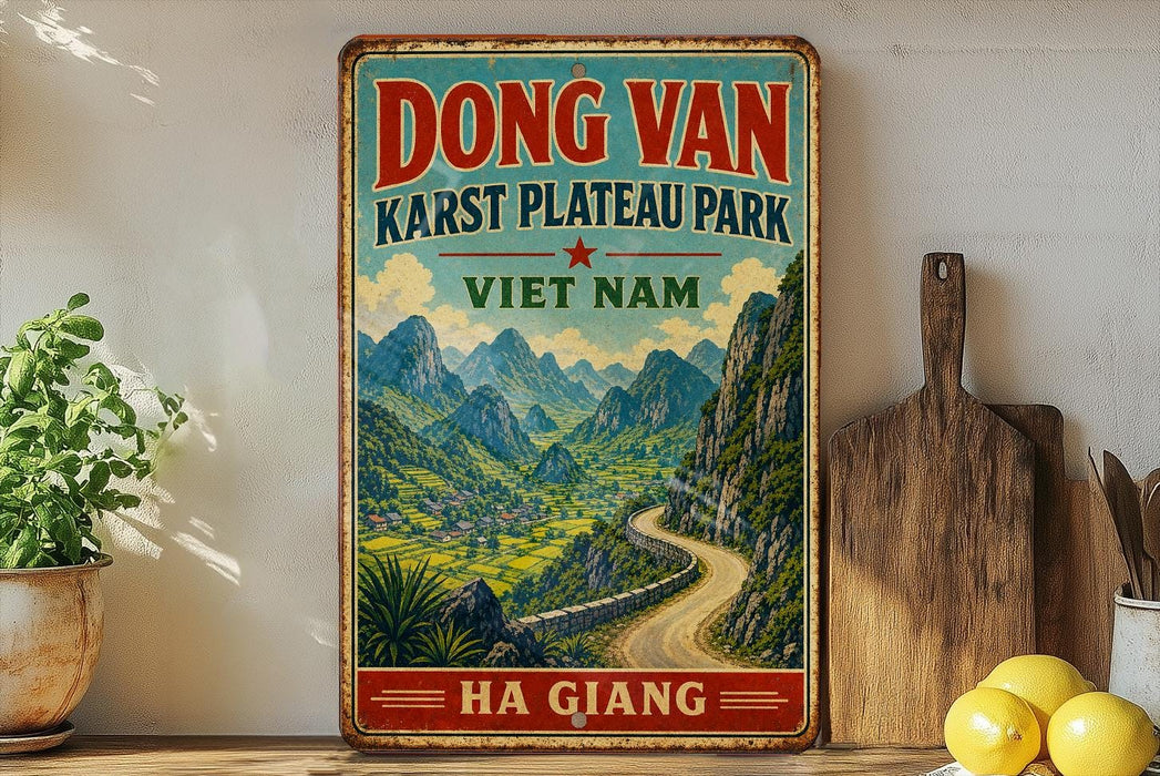 A vintage-style sign for "Dong Van Karst Plateau Park" in Vietnam, featuring a scenic mountain landscape with a winding road.