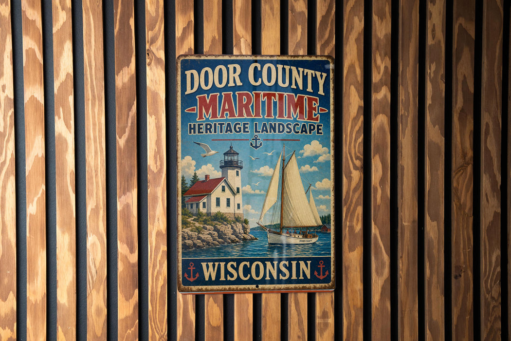 A vintage metal sign for Door County, Wisconsin, featuring a lighthouse and a sailboat on a lake.