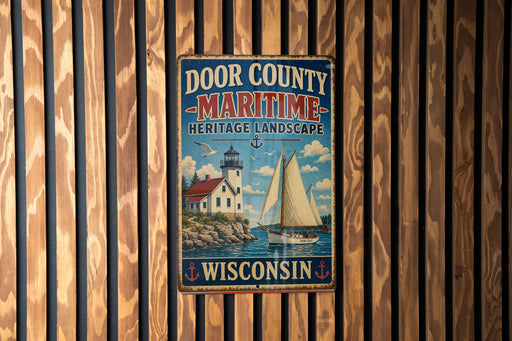 A vintage metal sign for Door County, Wisconsin, featuring a lighthouse and a sailboat on a lake.