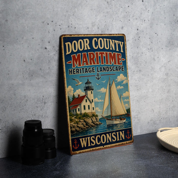 A vintage metal sign advertising "Door County - Maritime Heritage Landscape" in Wisconsin, featuring a lighthouse and a sailboat on a body of water.