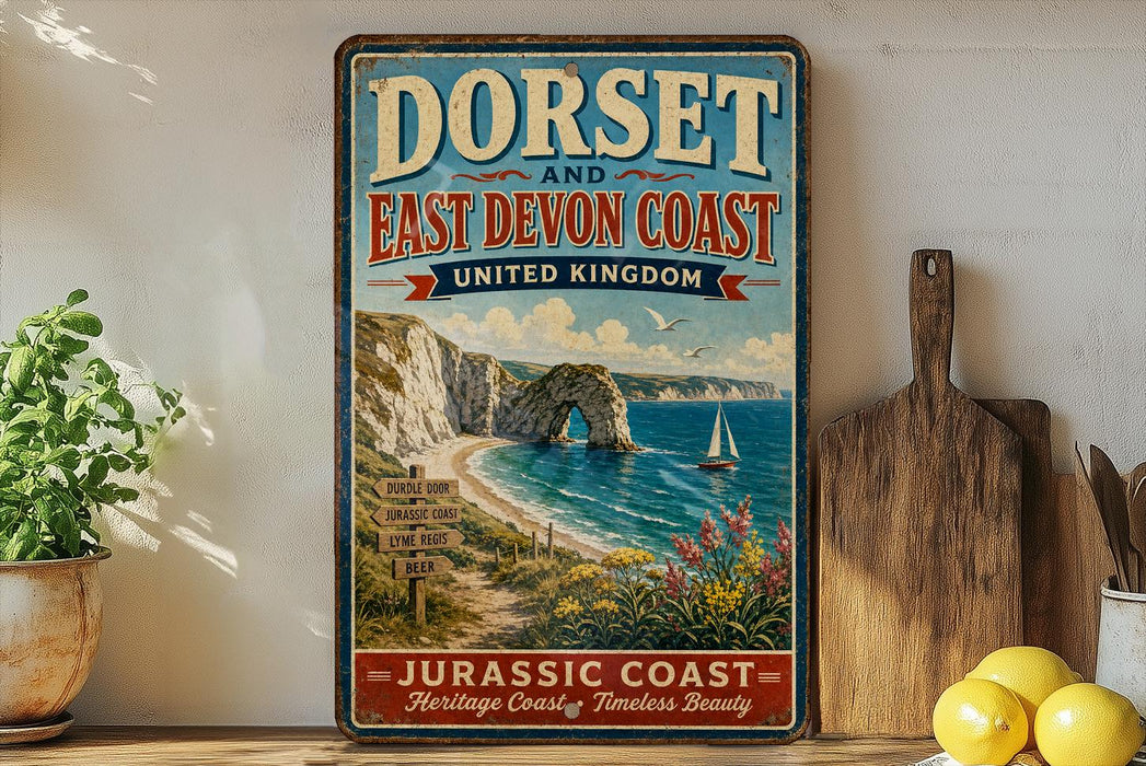 A vintage-style sign for the Dorset and East Devon Coast in the United Kingdom, featuring a scenic coastal landscape with cliffs, a beach, and sailboats.