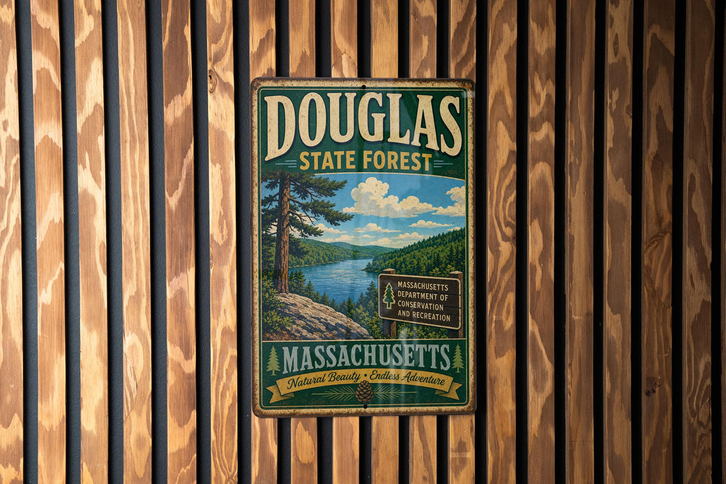 A vintage metal sign for Douglas State Forest in Massachusetts, featuring a scenic landscape with a lake and mountains.