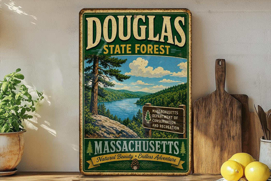 A vintage-style metal sign for Douglas State Forest in Massachusetts, featuring a scenic landscape with a river and pine trees.