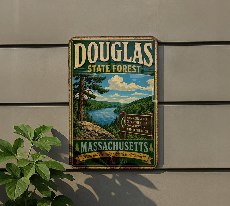 A vintage metal sign for Douglas State Forest in Massachusetts, featuring a scenic landscape with a lake and mountains.