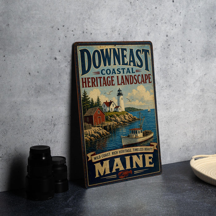 A vintage-style metal sign advertising Down East Coastal Heritage Landscape Maine, featuring a lighthouse and coastal scenery.