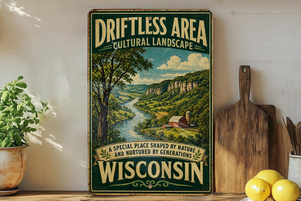 A vintage-style sign advertising the "Drifting Area Cultural Landscape" in Wisconsin, featuring a scenic landscape with a river and mountains.