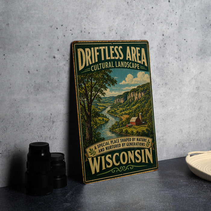 A vintage-style sign for the "Driftless Area" in Wisconsin, featuring a scenic landscape with a river and a barn.