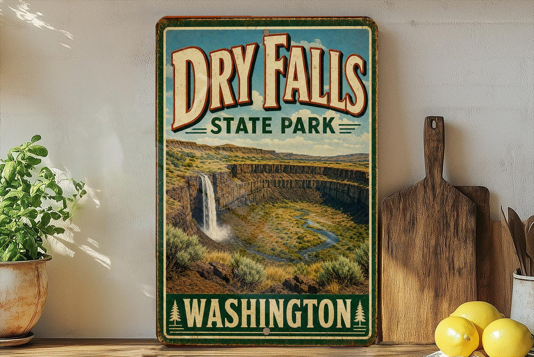 A vintage-style sign for Dry Falls State Park in Washington, featuring a scenic image of the falls and surrounding landscape.