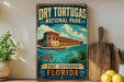 A vintage-style sign for Dry Tortugas National Park, featuring a building and a turtle in the water, with the text "Fort Jefferson, Florida" below.