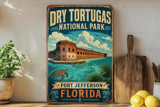 A vintage-style sign for Dry Tortugas National Park, featuring a building and a turtle in the water, with the text "Fort Jefferson, Florida" below.