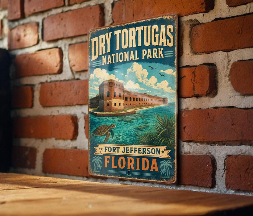 A vintage-style metal sign for Dry Tortugas National Park in Fort Jefferson, Florida, featuring an illustration of the fort and surrounding landscape.