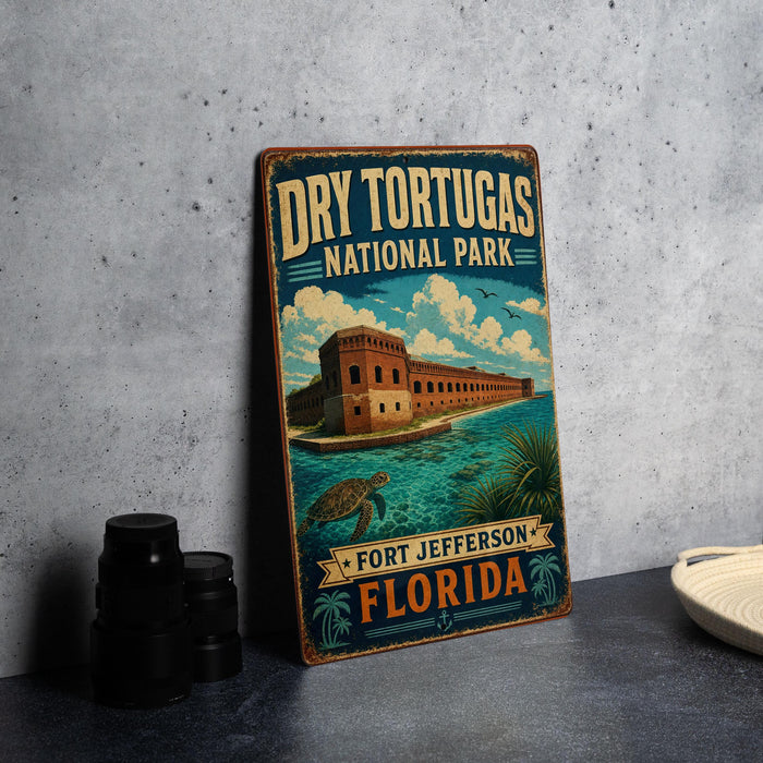 A vintage-style sign for Dry T guitars National Park in Fort Jefferson, Florida, featuring an illustration of a building and a turtle in the water.