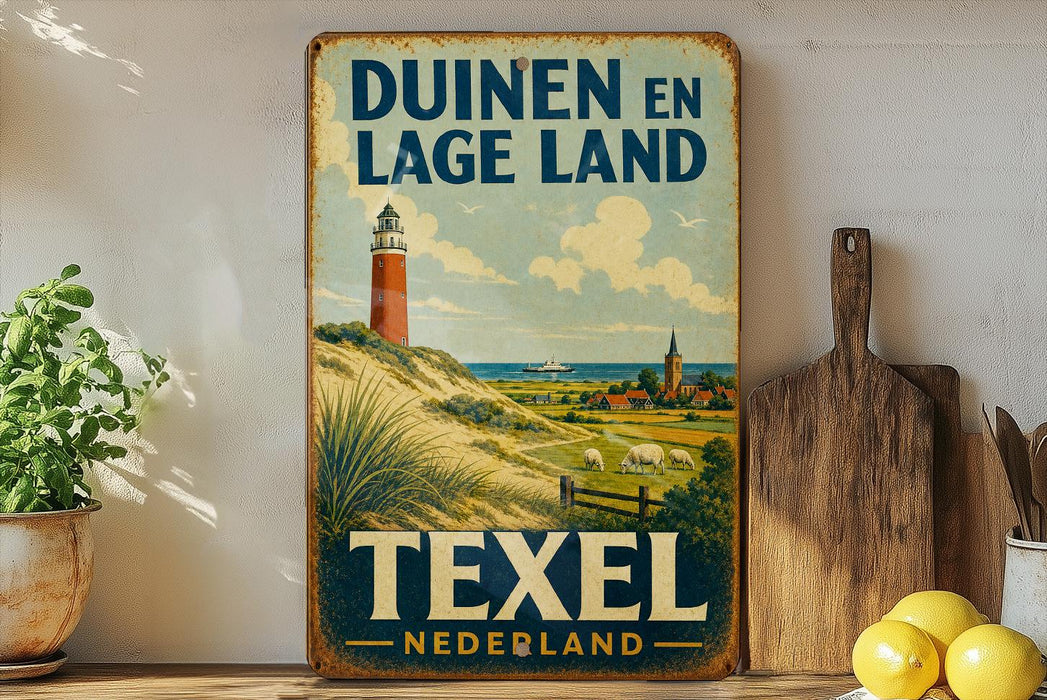 a vintage-style metal sign with a lighthouse and a pastoral landscape, placed on a shelf next to a wooden cutting board and some lemons.