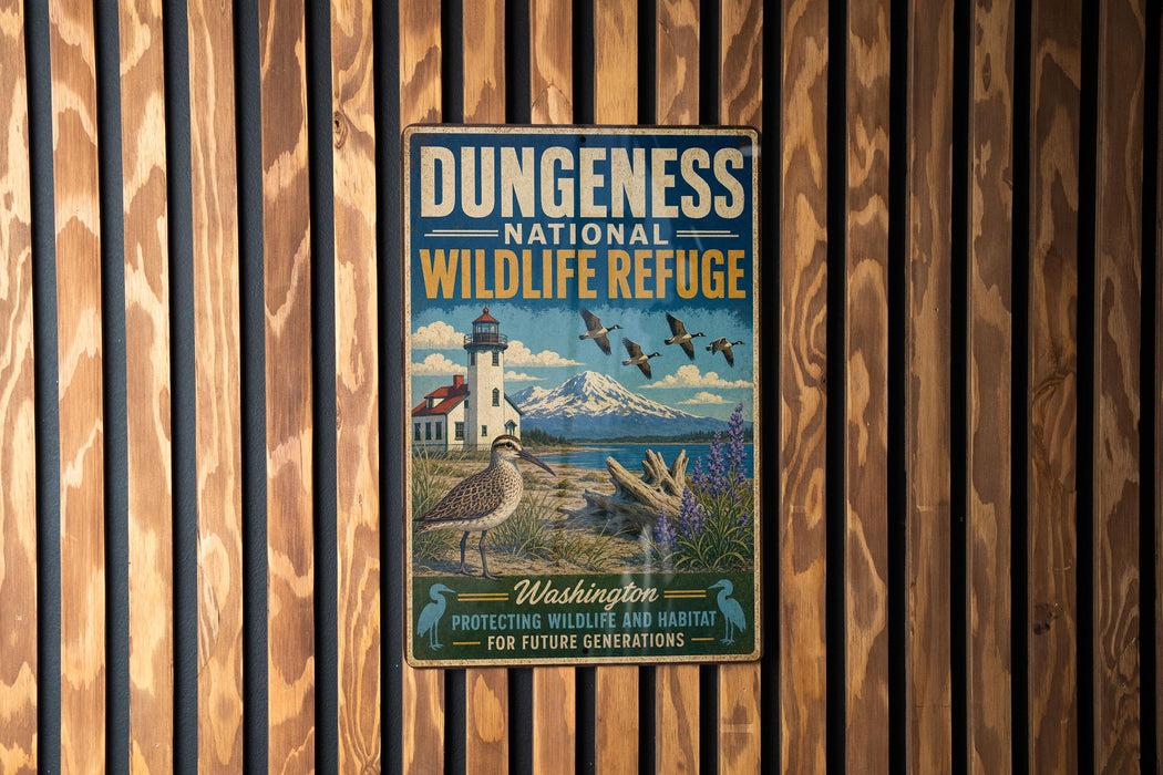 A vintage-style metal sign for the Dungeness National Wildlife Refuge, featuring a lighthouse, birds, and a mountain landscape.