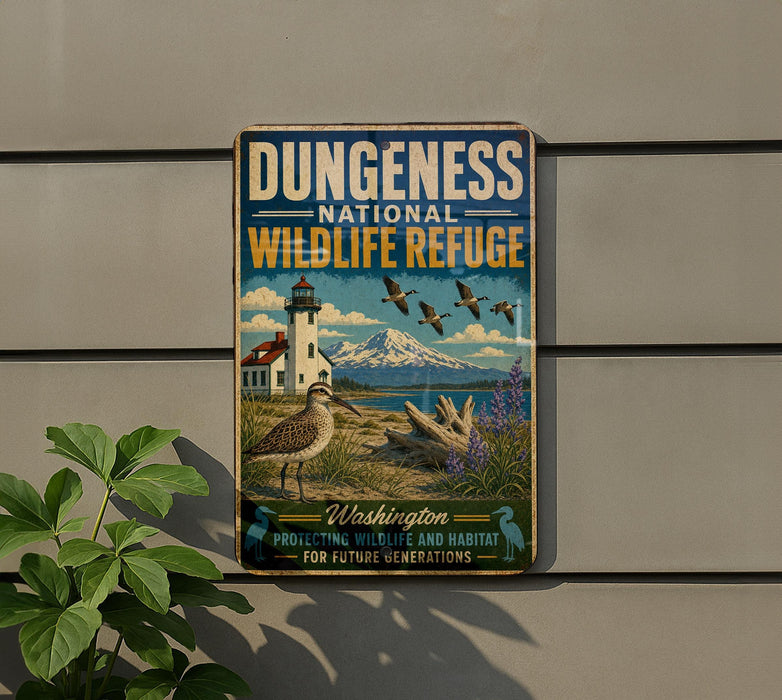 A vintage-style metal sign for the Dungeness National Wildlife Refuge, featuring a lighthouse, birds, and a mountain landscape.