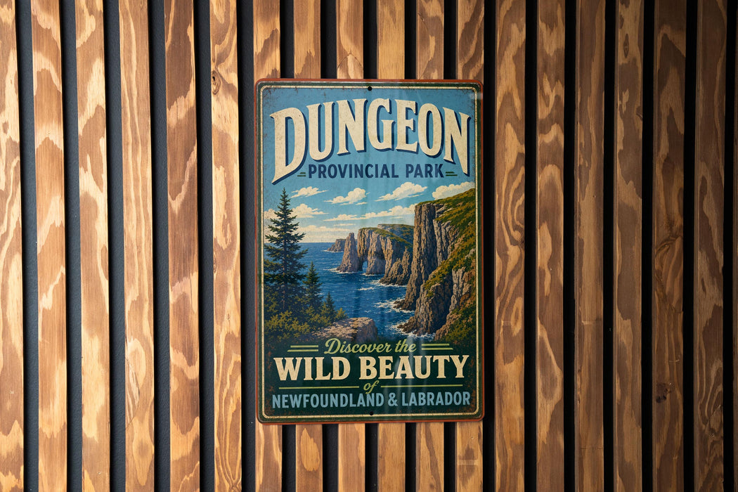 A vintage metal sign for Dungeon Provincial Park, featuring a scenic landscape with cliffs and a pine tree, hangs on a wooden wall.