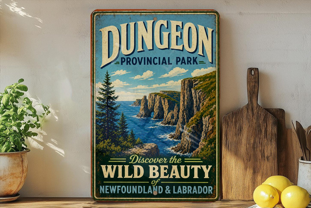 A vintage-style sign for Dungeon Provincial Park, featuring a scenic landscape with cliffs, water, and pine trees.