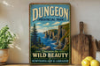 A vintage-style sign for Dungeon Provincial Park, featuring a scenic landscape with cliffs, water, and pine trees.