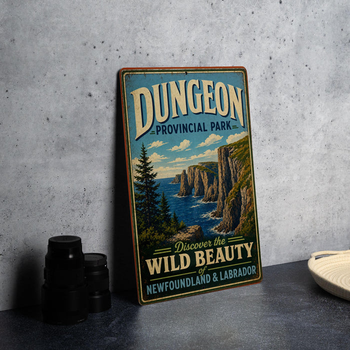 A vintage-style metal sign for Dungeon Provincial Park, featuring a scenic landscape with cliffs and a body of water.