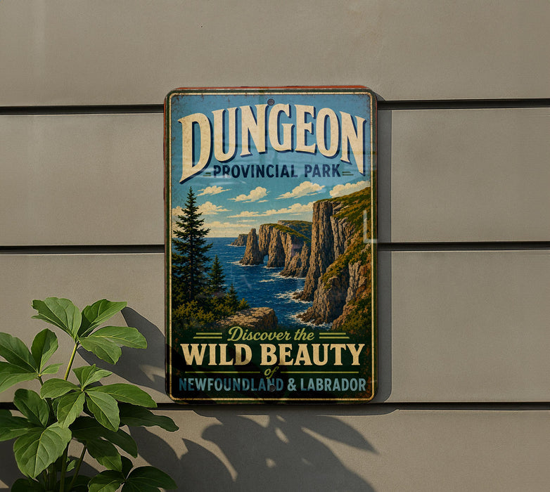 A vintage-style metal sign for the Province Park in New Brunswick, New Brunswick, Canada, featuring a scenic landscape with cliffs and a body of water.