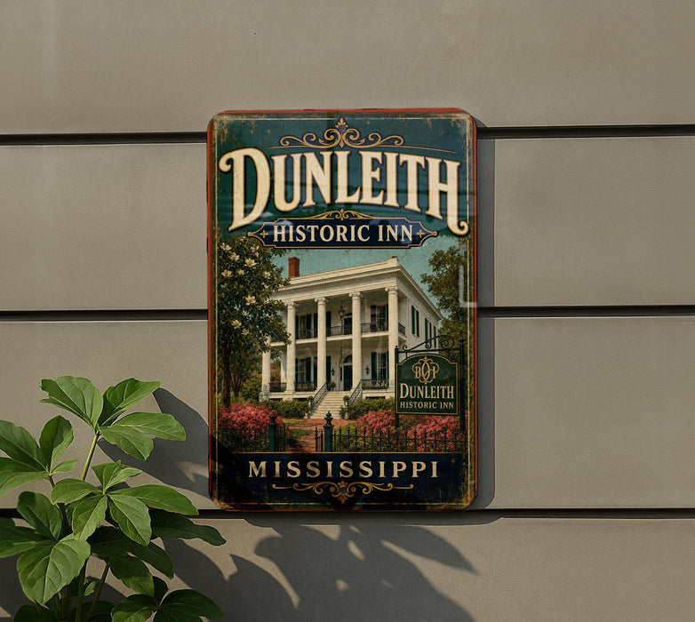 A vintage sign for Dunleith Historic Inn in Mississippi, featuring a large image of a historic building surrounded by trees and flowers.