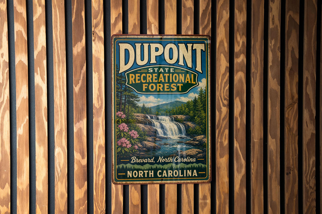 A metal sign with the text "DUPONT STATE RECREATIONAL FOREST" and a scenic image of a waterfall and forest, mounted on a wooden wall.